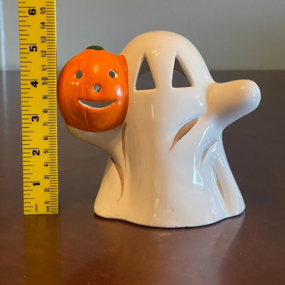 Ghost Tealight Candle Holder With Orange Jack-O-Lantern Accent Halloween Decor - Picture 2 of 7